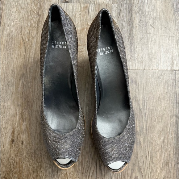 Stuart Weitzman • Anna Metallic Peep Toe Cork Platform Wedge Heels - Picture 7 of 15